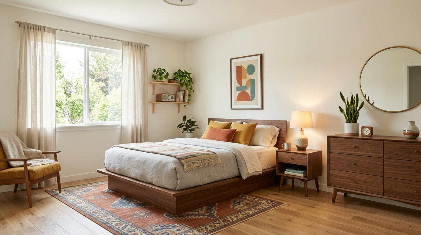 7) Use a low platform bed with warm wood furniture